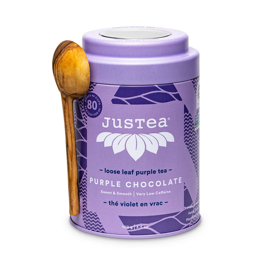 JusTea PURPLE CHOCOLATE | Loose Leaf Purple Tea | Tin with Hand Carved Tea Spoon | 40+ Cups (3.5oz) | Very Low Caffeine | Award-Winning | Fair Trade | Non-GMO