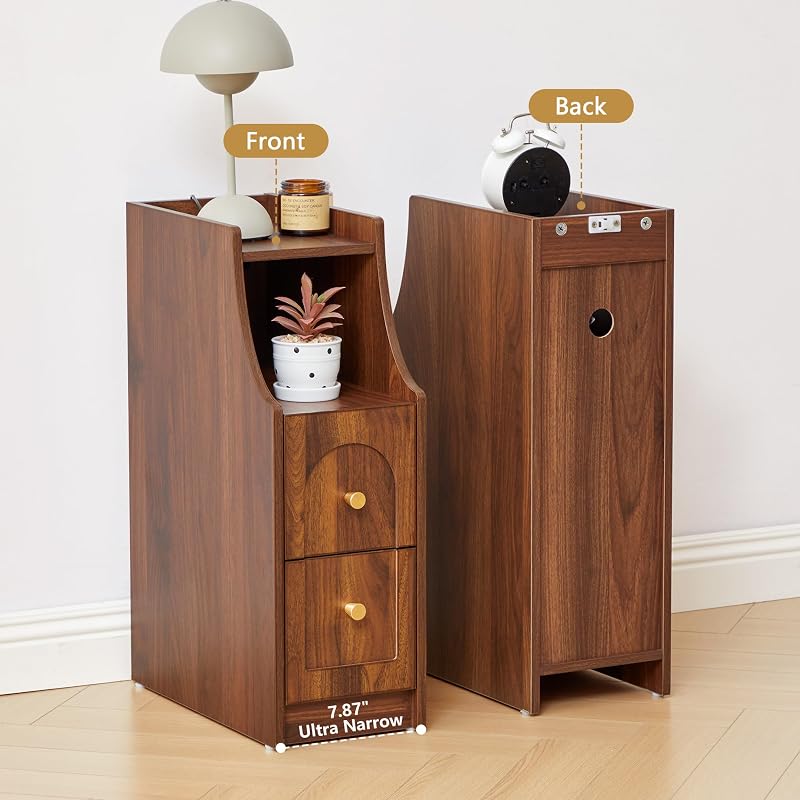 Ultra Narrow Nightstand Set of 2 with Charging Station — Walnut 2 Packs, 2 Drawers & Open Shelf