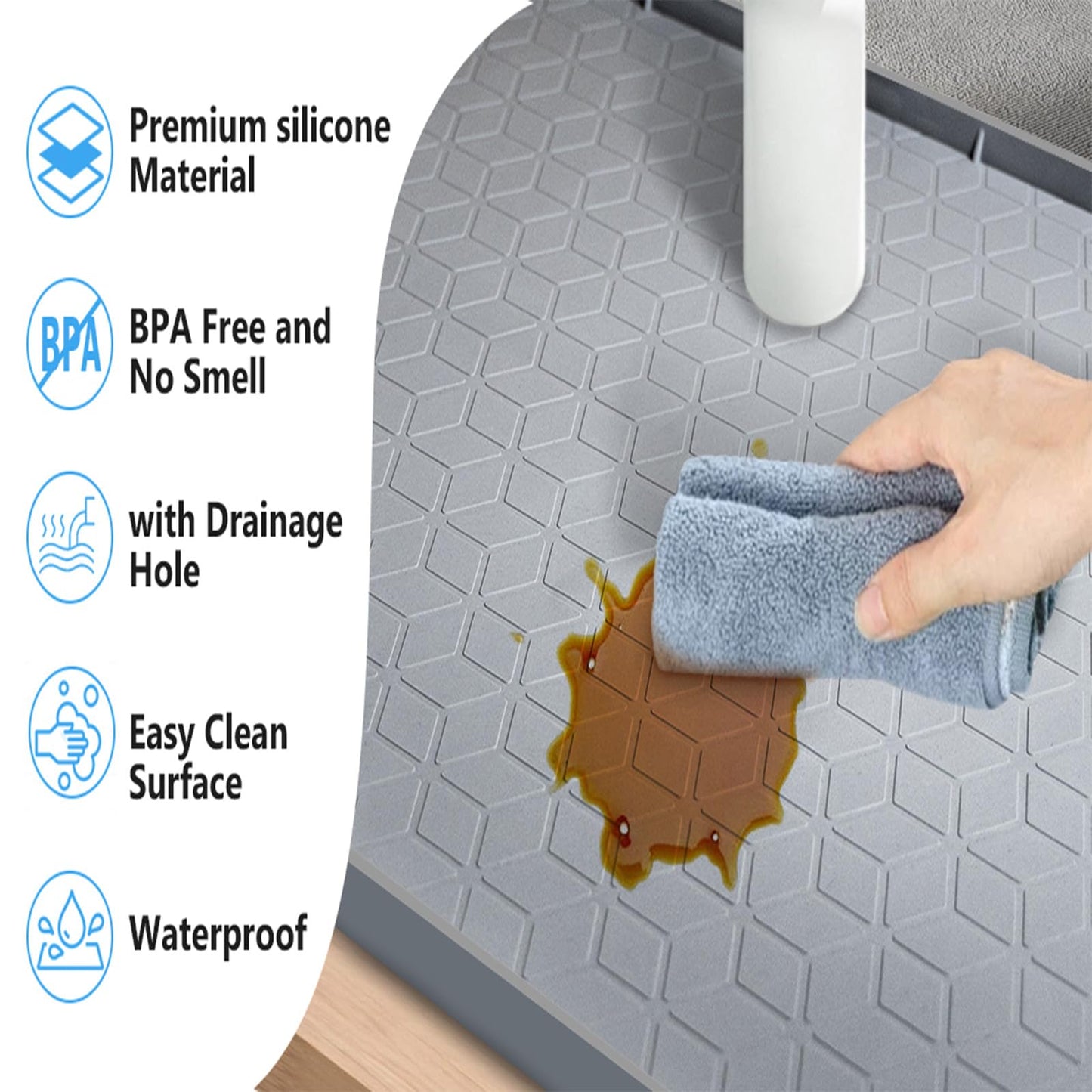 Under Sink Mat for Kitchen Waterproof, 34" x 22" Silicone Under Sink Tray with Drain Hole, Sink Protectors for Kitchen Cabinet Liner, Up to 3.3 Gallons Liquid Drip Tray (Grey, 34'' x 22'')