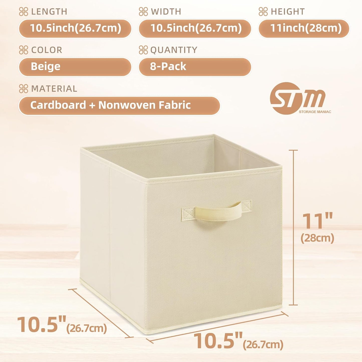 Storage Maniac 11-Inch Collapsible Storage Cubes - 8 Pack Durable Fabric Bins for Organization | Beige