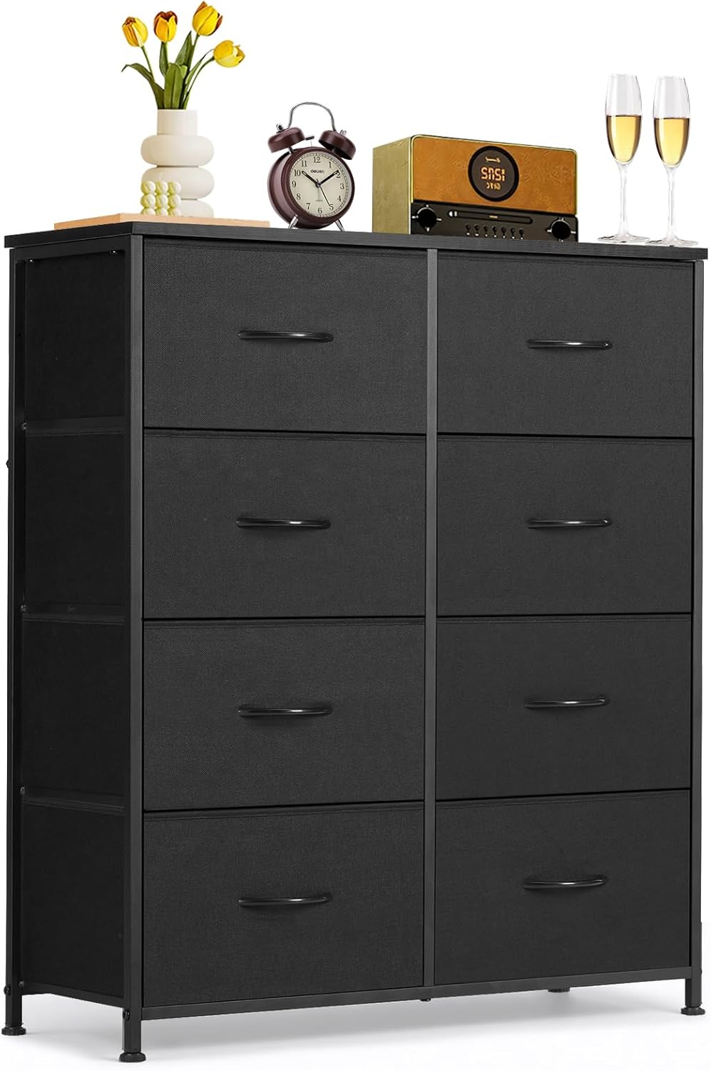 Regine Switzerland 8-Drawer Dresser - Anti-Tip Tall Storage Organizer with Wooden Top & Metal Frame - Black