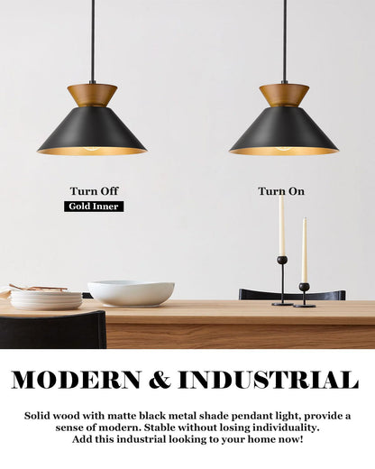 ELYONA 3 Pack Modern Pendant Lights Kitchen Island, Solid Wood Hanging Lamp with Matte Black Metal Shade & Gold Inner Finish, Farmhouse Pendant Light Fixtures for Dining Room, Bedroom, Living Room