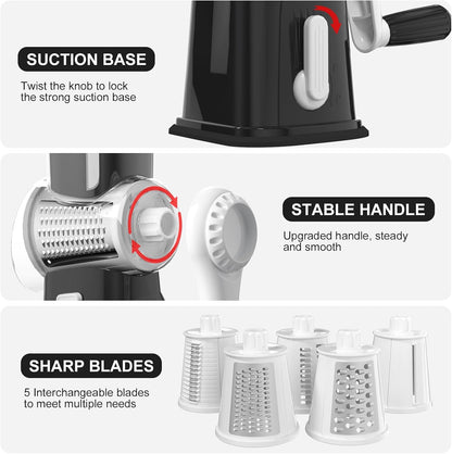 Ourokhome Cheese Grater - Crank Cheese Shredder & Mandoline Slicer with 5 Blades | Strong Suction Base, Black