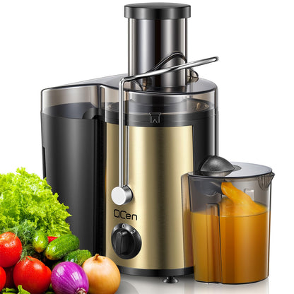 Qcen Juicer Machine, 500W Centrifugal Juicer Extractor with Wide Mouth 3” Feed Chute for Fruit Vegetable, Easy to Clean, Stainless Steel, BPA-free (Gold)