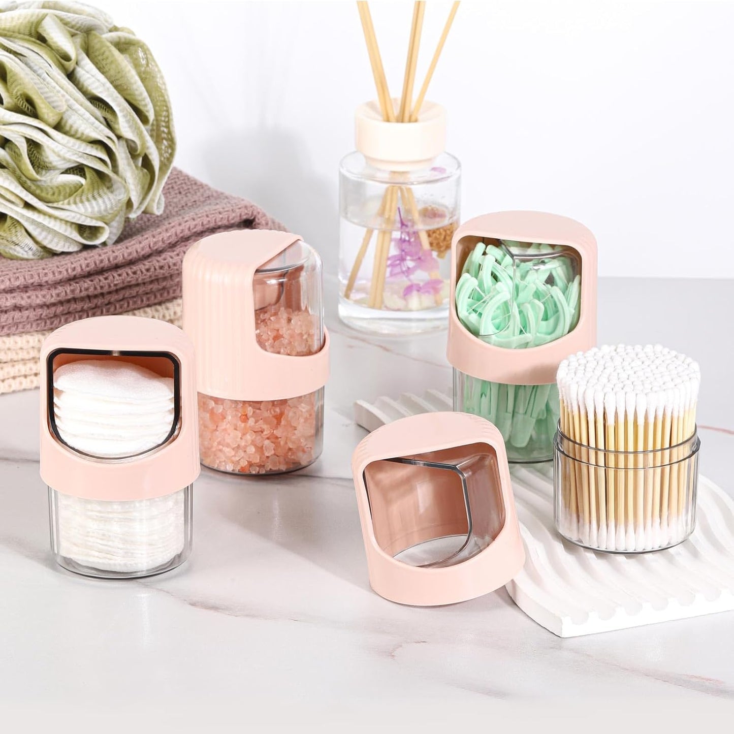 Tbestmax Rotating Qtip Holder Dispenser - 4 Pack Vanity Organizer for Cotton Swabs & Makeup - Pink