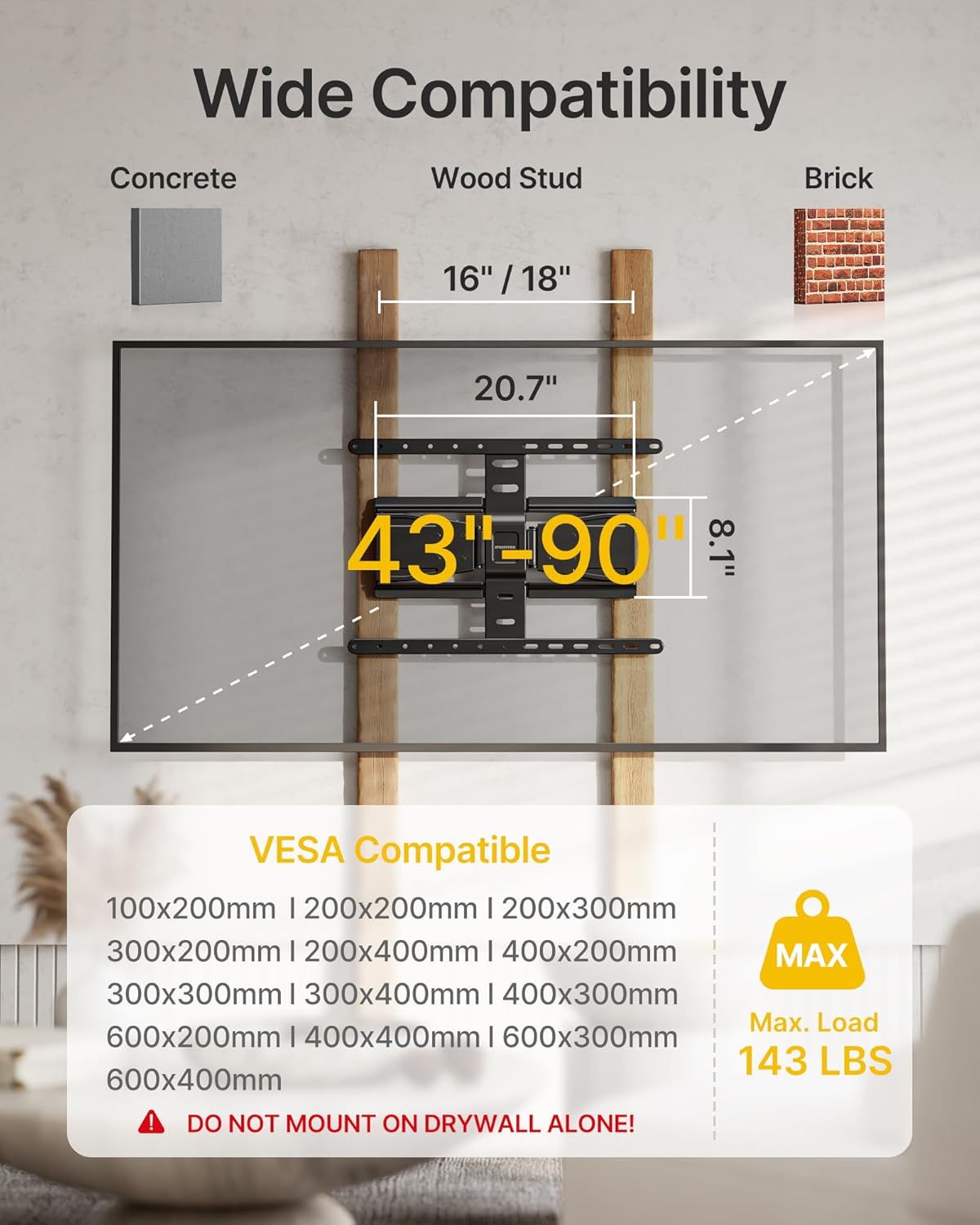 monTEK Ultra Slim TV Wall Mount - Full Motion Bracket for 43-90 Inch TVs | Swivel, Tilt, Leveling, Dual Arms