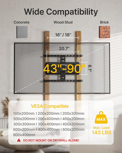 monTEK Ultra Slim TV Wall Mount - Full Motion Bracket for 43-90 Inch TVs | Swivel, Tilt, Leveling, Dual Arms