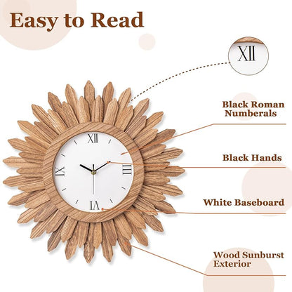 18 Inch Large Wall Clock - Silent Battery Operated Boho Sunburst Rustic Wood with Roman Numerals - Variation: Rustic Brown+18 inch