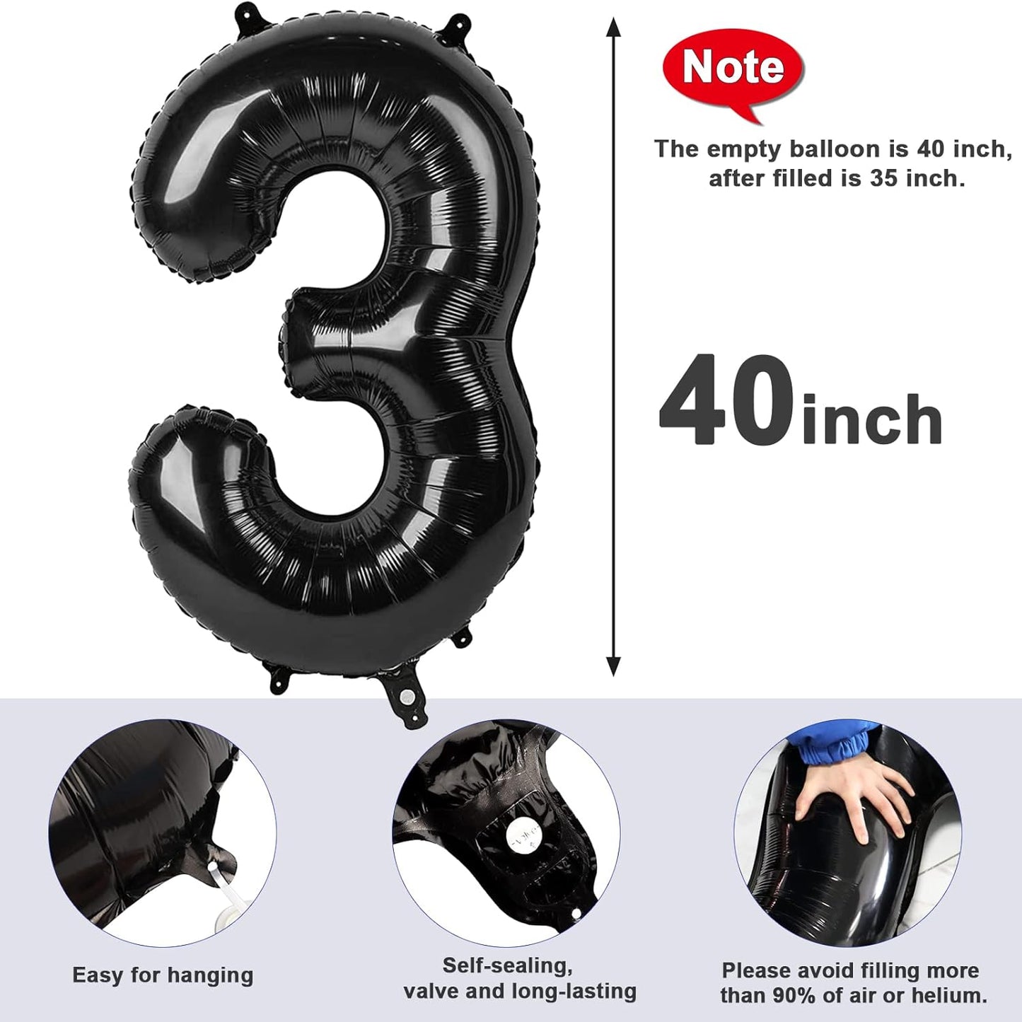 Numbers Balloon - 40 Inch Large Black Balloon for Three Year Old Birthday Decor | Perfect for Celebrations