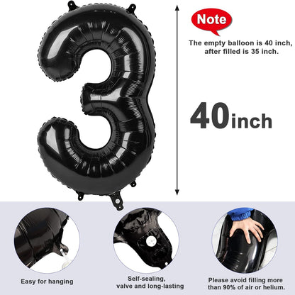 Numbers Balloon - 40 Inch Large Black Balloon for Three Year Old Birthday Decor | Perfect for Celebrations