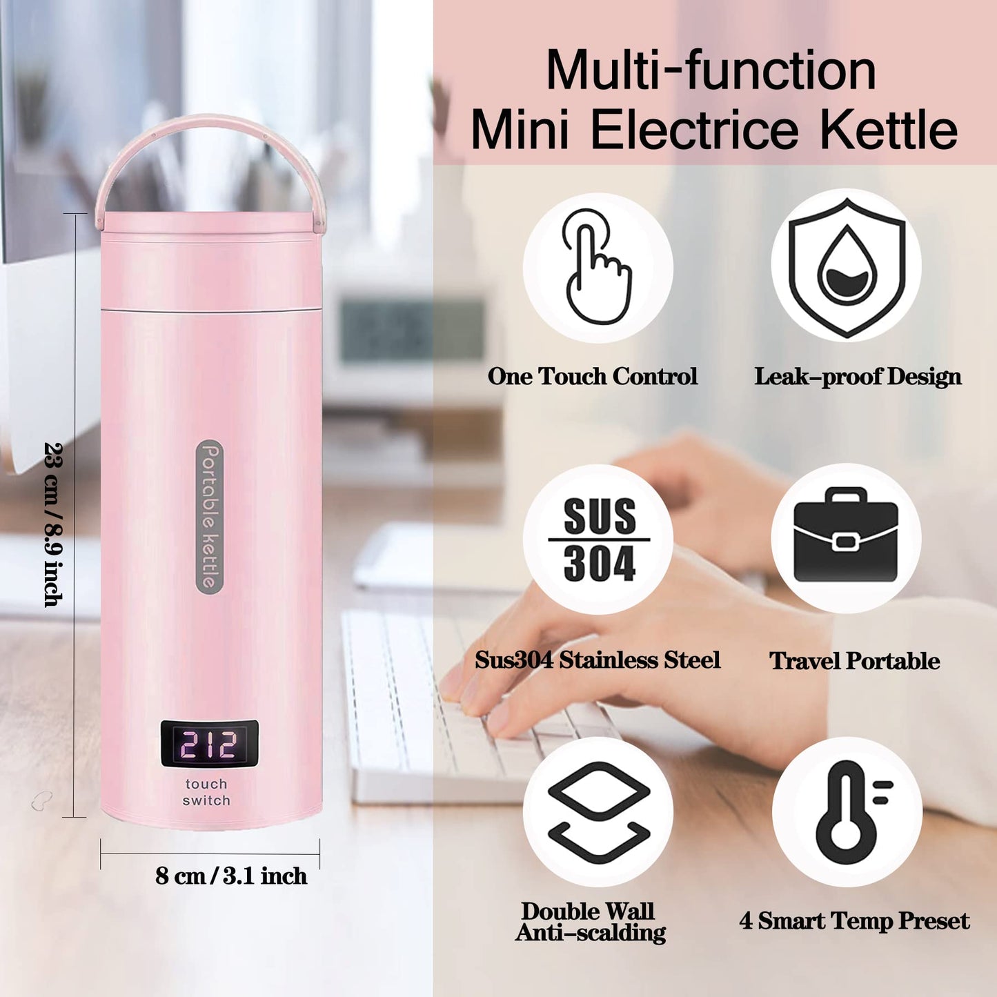 Travel Electric Kettle Small Portable Electric Kettle, 380ML Mini Tea Kettle with 4 Variable Presets, 304 Stainless Steel Travel Water Boiler for Coffee Tea, Auto Shut-Off & Boil Dry Protection (Pink)