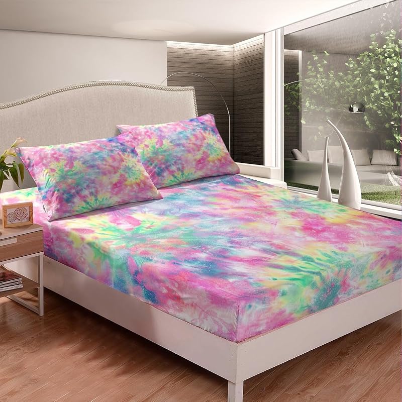 Kids Tie Dye Pink Bed Sheet Set 4 Pcs Queen – Deep Pocket Fitted Sheets Included, Boho Batik Sheeting