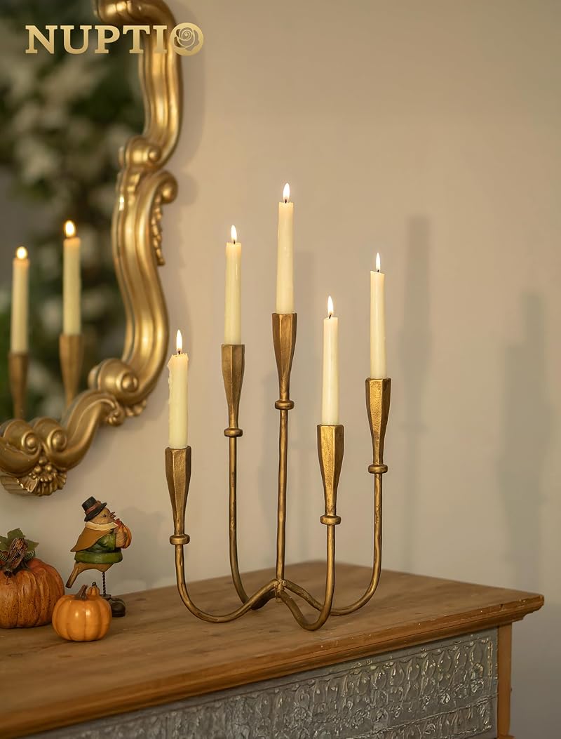 Tall Cast Iron Candle Holder Set – 5-Arm Candelabra in Matte Gold