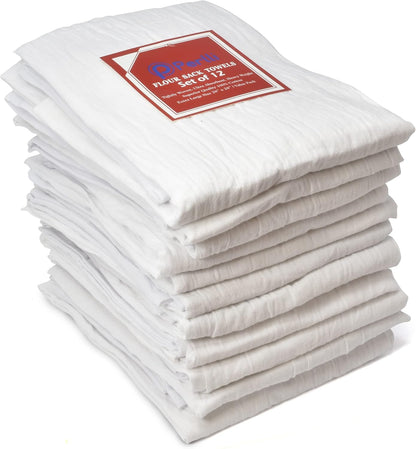 Perlli Kitchen Flour Sack Towels - 12 Pack Lint-Free 100% Cotton Dish Drying Cloths | 28 x 28 Inches, White