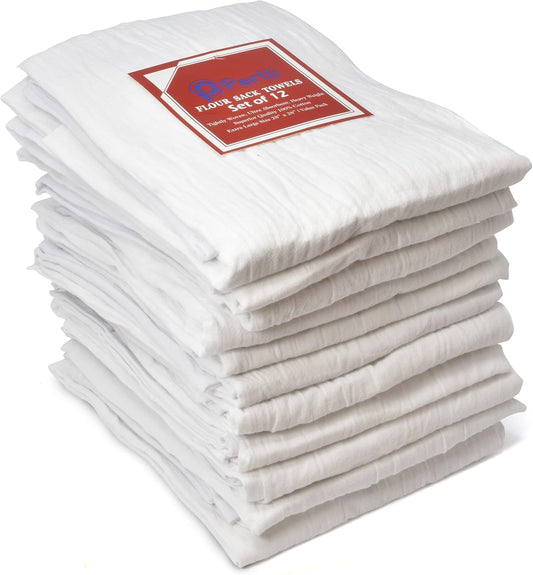 Perlli Kitchen Flour Sack Towels - 12 Pack Lint-Free 100% Cotton Dish Drying Cloths | 28 x 28 Inches, White