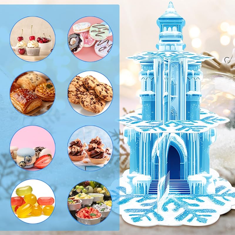 Frozen Birthday Cupcake Stand 3-Tier with Ice Castle & Snowflakes - Blue Snowflake Variation