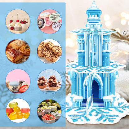 Frozen Birthday Cupcake Stand 3-Tier with Ice Castle & Snowflakes - Blue Snowflake Variation