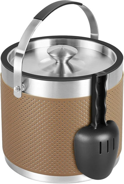 3Quart/3.2L Insulated Ice Bucket with Lid, Scoop, Leather Design Double Wall Stainless Steel Ice Bucket for Cocktail Bar, Parties (Brown)