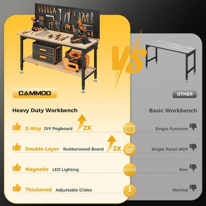 CAMMOO 60" Adjustable Height Work Bench - Heavy Duty Rubberwood Tabletop with Storage Shelf & LED Light