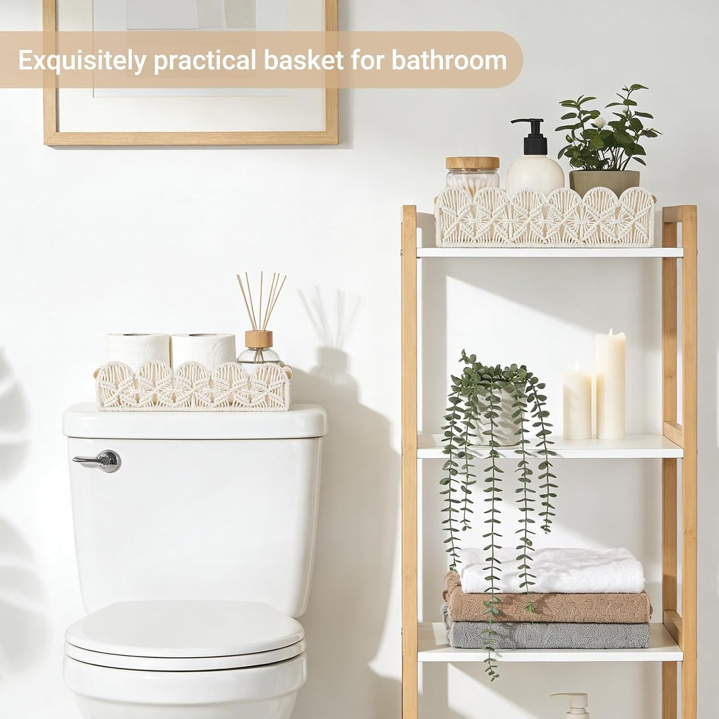Mkono Macrame Storage Basket - Scalloped Edge Boho Woven Decor | Small Organizer Set of 2 in Ivory