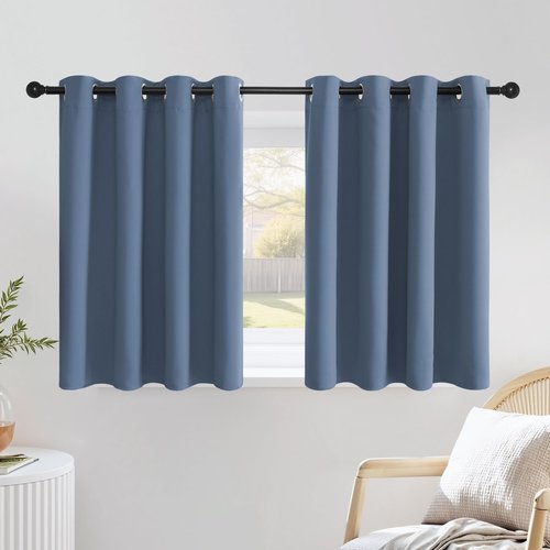NICETOWN Stone Blue Short Curtains 36 inches Long for Kitchen, Grommet Sunlight Reducing Solid Vertical Window Treatments for Cafe & Home Office, 2 Panels, W52 x L36
