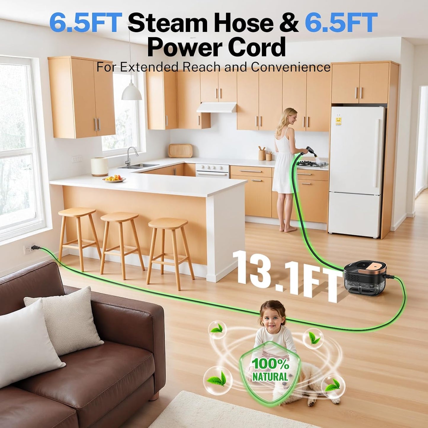ODSD Steam Cleaner - 3-Level Adjustable Handheld Steamer for Home & Car | 15s Heat-Up, 1.6L Tank, 15 Accessories