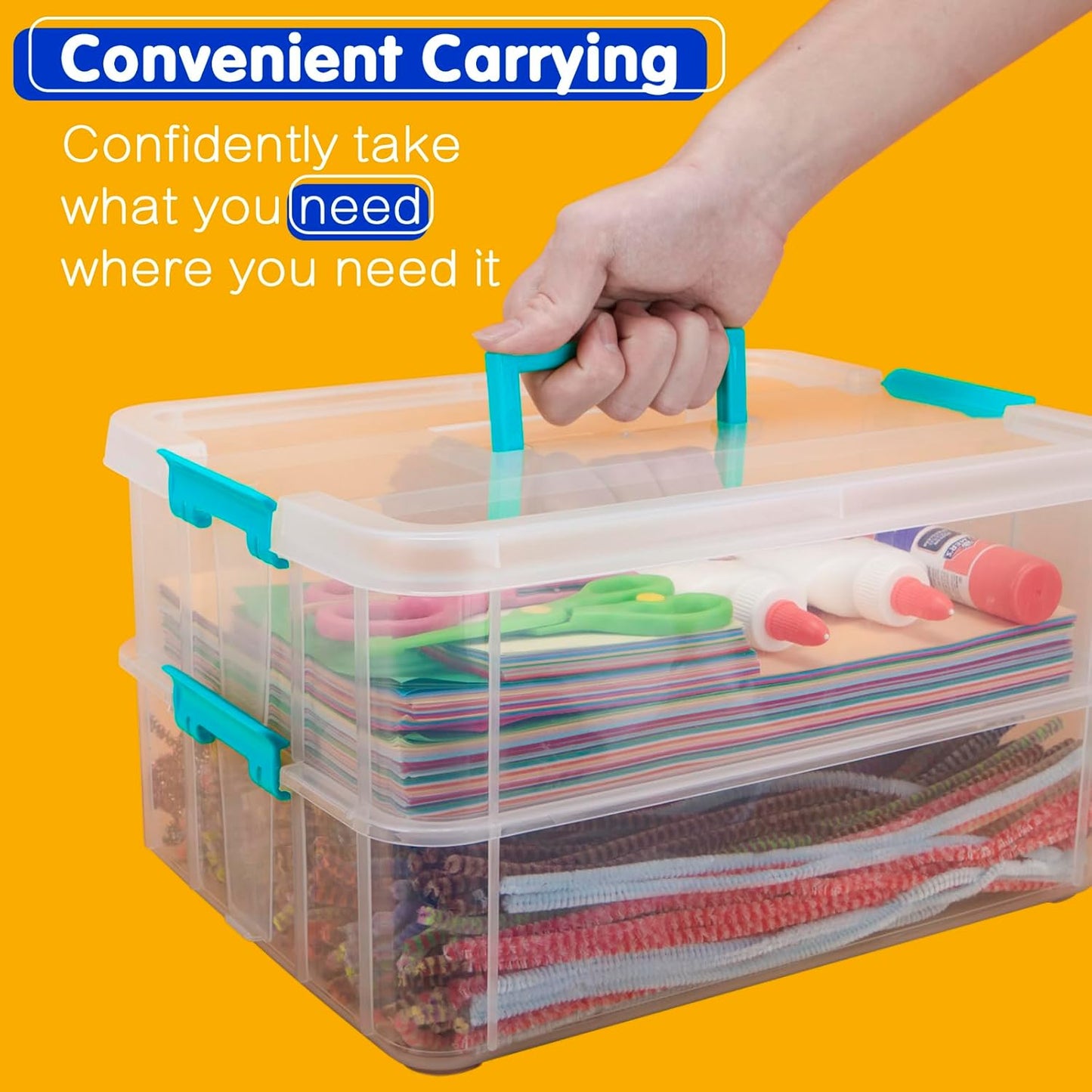 TERGOO Clear Plastic Storage Containers - 2 Layer Stackable Organizers for Crafts, Makeup & More | Portable Blue Bins