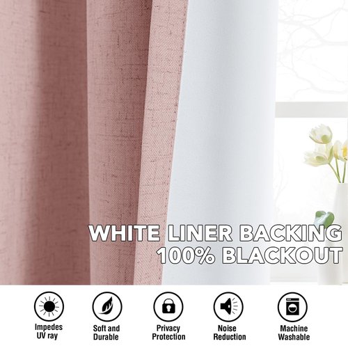 H.VERSAILTEX Linen Curtains 100% Blackout Curtains for Bedroom 45 inch Long Full Light Blocking Nature Linen Blended Window Curtains for Living Room Nickel Grommet (2 Panels, Heathered Baby Pink)