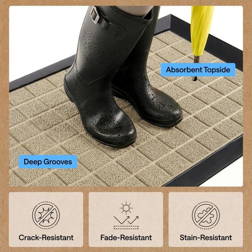 GORILLA GRIP 100% Waterproof All-Season WeatherMAX Doormat US Designed Natural Rubber, Stain and Fade Resistant, Low Profile Indoor Outdoor Door Mats, Easy Clean Patio Mat, 29x17, Taupe Grid