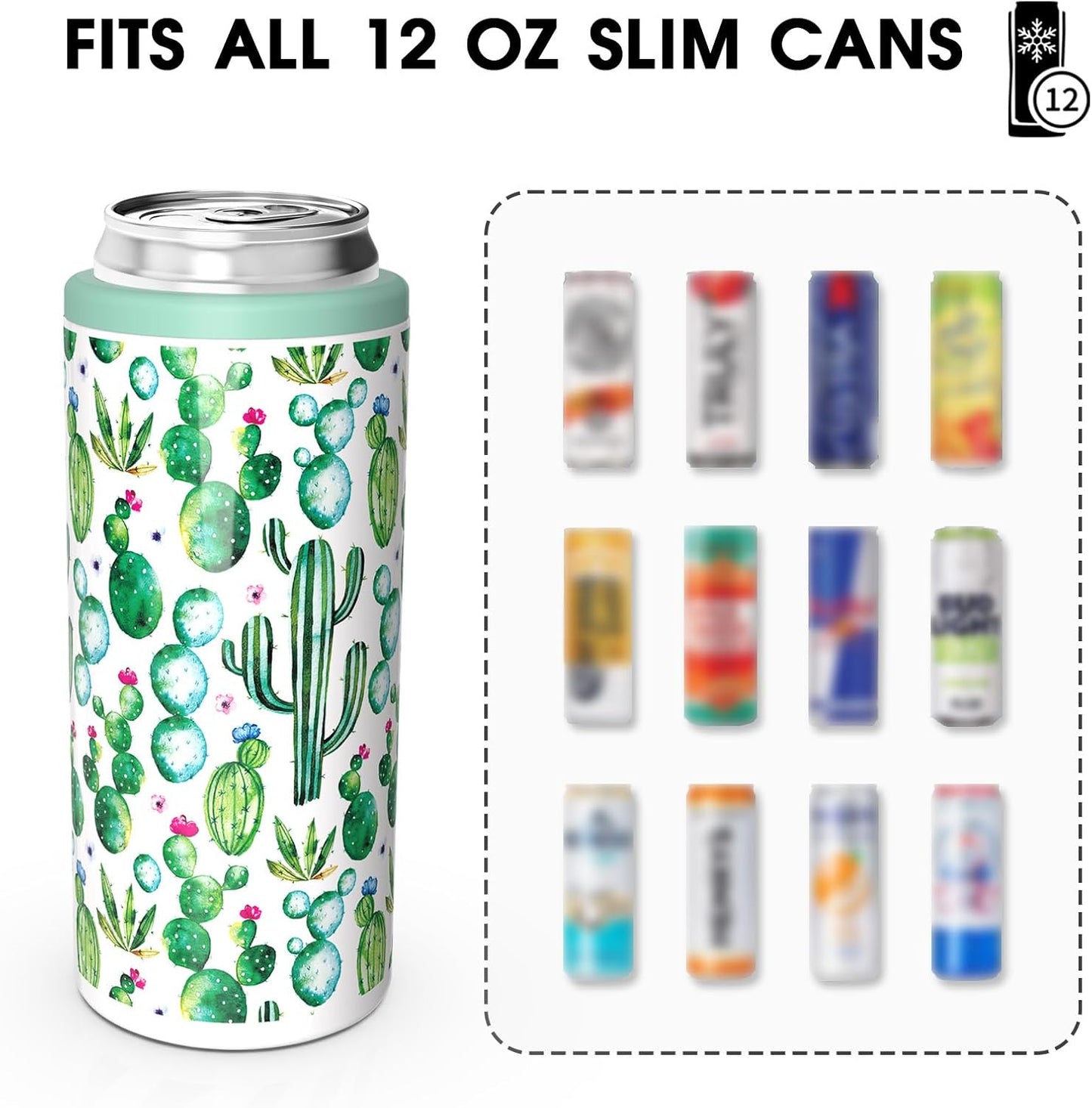 TILUCK Slim Can Cooler - Double-Walled Stainless Steel Insulator for 12 oz Cans | Cactus Color