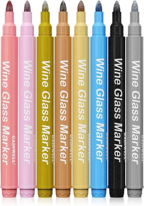 GAINWELL Metallic Wine Glass Markers 8Pcs, Non-Toxic, Food-Safe, Dishwasher-Safe, Wine Glass Marker Pens for Ceramic Plates, Parties & Weddings