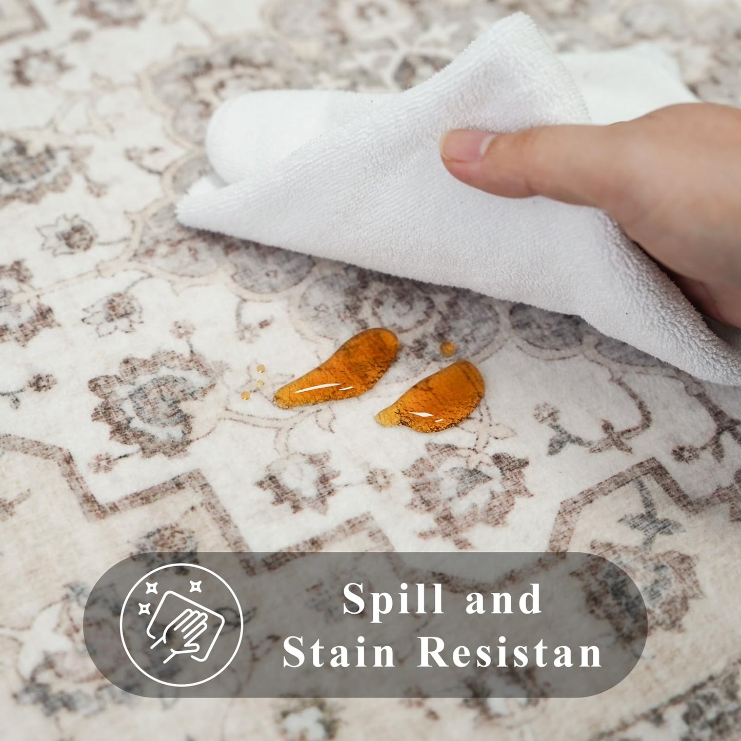 Washable 5 x 5 Square Area Rug: Water Resistant Durable Rugs Low Pile Soft Kitchen Carpet with Non-Slip Backing Indoor Oriental Non-Shedding Floor Carpets for Bedroom Entryway Home Decor (5x5,Beige)