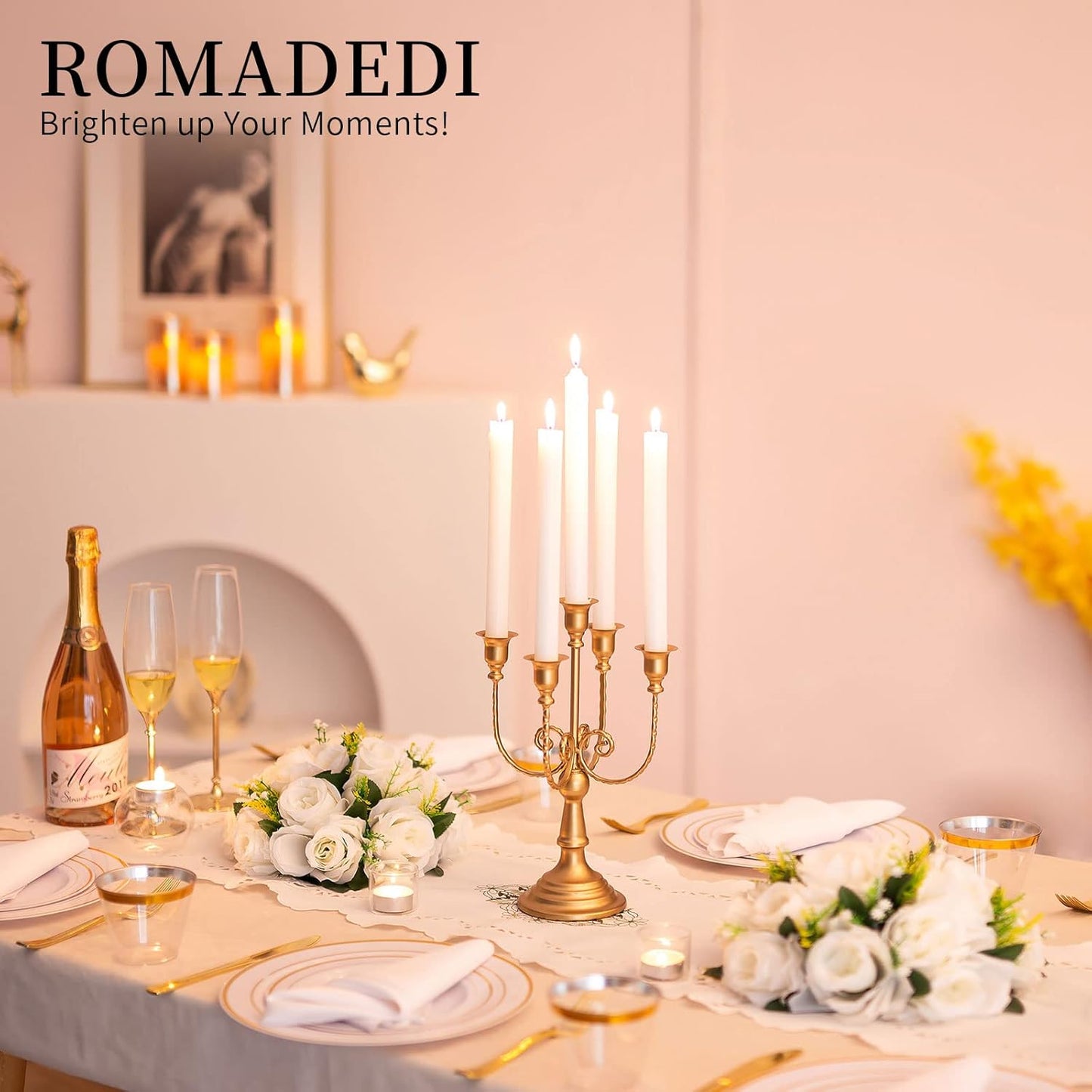 Romadedi Gold Candle Holders - 5 Arm 11.8" Candelabra Set for Wedding & Holiday Table Decor | Set of 6