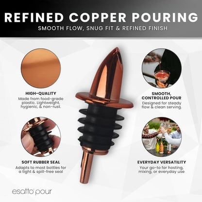 ESATTO 12 Pack Classic Bottle Pourers, Liquor Pourers for Alcohol, Olive Oil, Bartender Accessories Includes 4 Liquor Pourer Adapters for Large Neck Bottles such as Patron Don Julio Tequila (Copper)