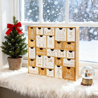 Juegoal Advent Calendar - 25 Refillable Wooden Drawers | Countdown to Christmas Gift for Kids - 12 Inches Tall
