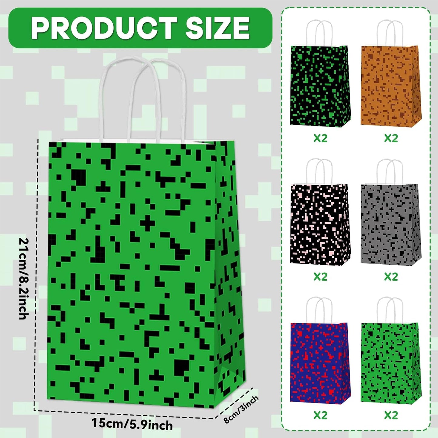 Skiennix Pixel Party Favors Bags - 12 PCS Video Game Themed Treat Bags with Handles for Kids' Birthdays