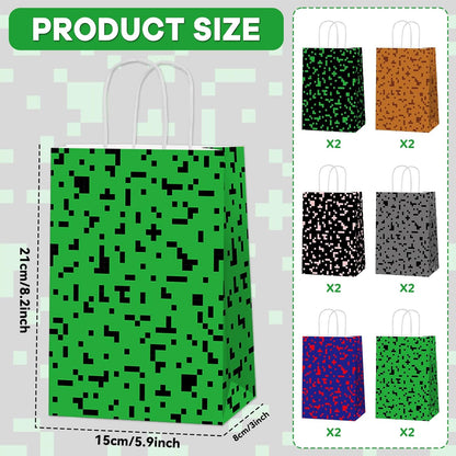 Skiennix Pixel Party Favors Bags - 12 PCS Video Game Themed Treat Bags with Handles for Kids' Birthdays