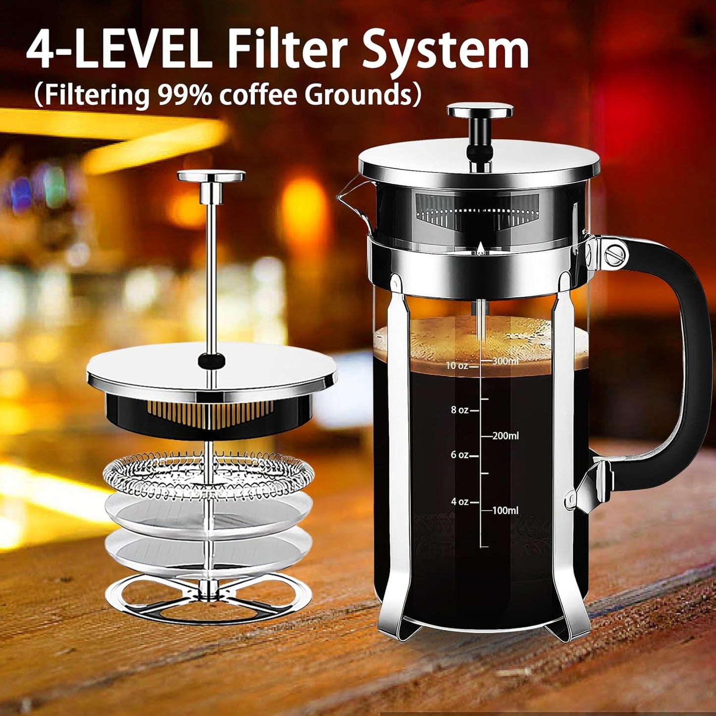 Skiennix French Press Coffee Maker - 304 Stainless Steel with 4 Filters | Heat-Resistant Borosilicate Glass, Copper 12oz