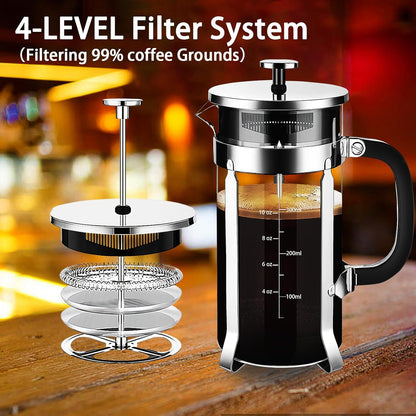 Skiennix French Press Coffee Maker - 304 Stainless Steel with 4 Filters | Heat-Resistant Borosilicate Glass, Copper 12oz