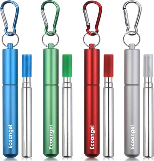 Ecoangel Reusable Collapsible Stainless Steel Drinking Straws - 4-Pack with Aluminum Case & Cleaning Brush | Silver, Blue, Red, Green