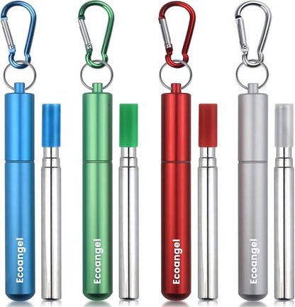 Ecoangel Reusable Collapsible Stainless Steel Drinking Straws - 4-Pack with Aluminum Case & Cleaning Brush | Silver, Blue, Red, Green
