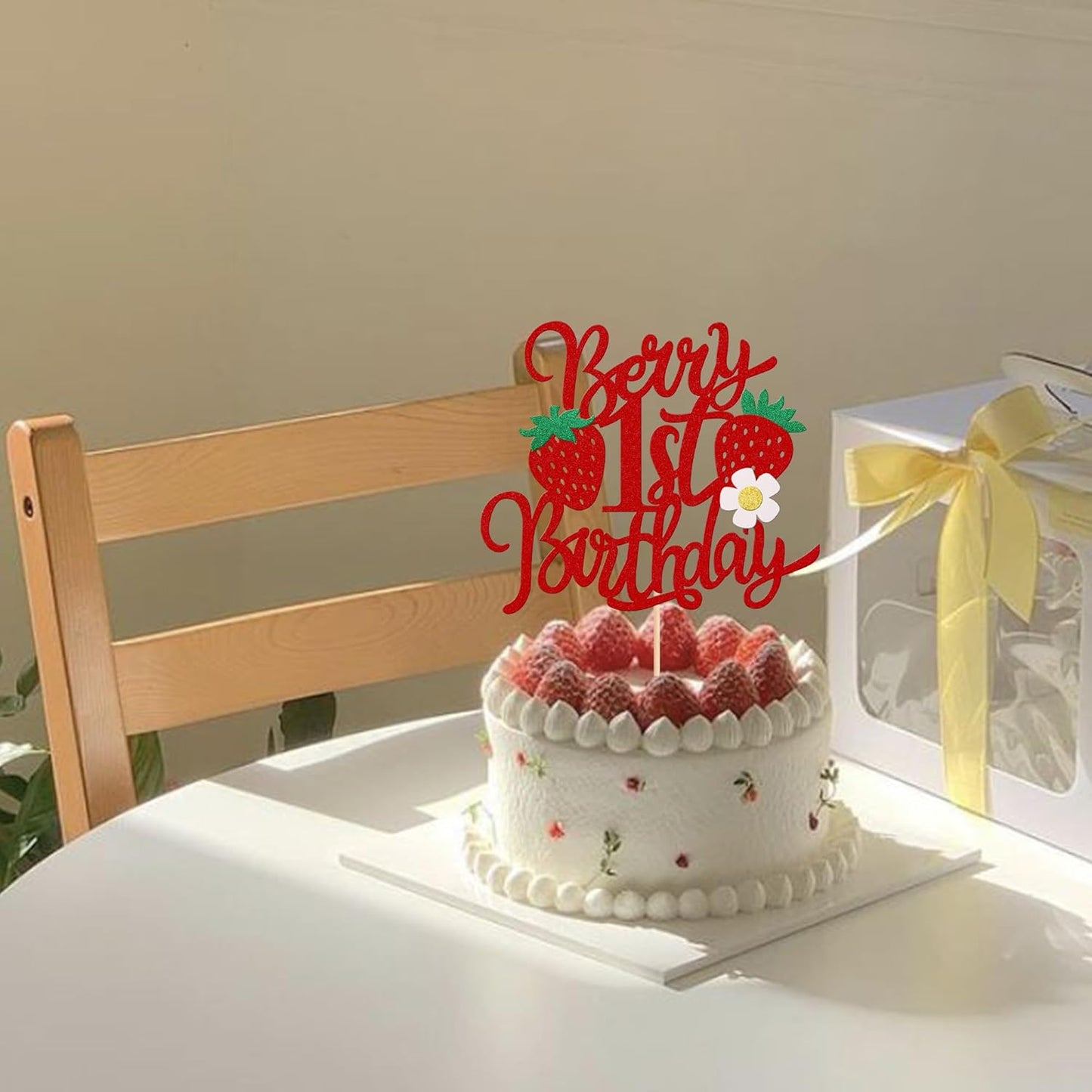 Skiennix 1st Birthday Cake Topper - Glittery Strawberry Design for Sweet Fruit Theme Party