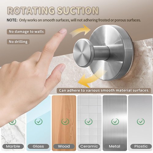 SOCORIA 2026 Upgraded Drill-Free Suction Cup Hooks, Stainless Steel Suction Cup Hooks for Shower, Mirror, Wall, Bathroom, Glass, Hanging Towels - 4 Pack, Black