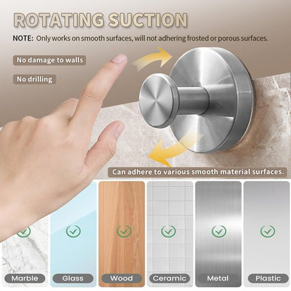 SOCORIA 2026 Upgraded Drill-Free Suction Cup Hooks, Stainless Steel Suction Cup Hooks for Shower, Mirror, Wall, Bathroom, Glass, Hanging Towels - 4 Pack, Black