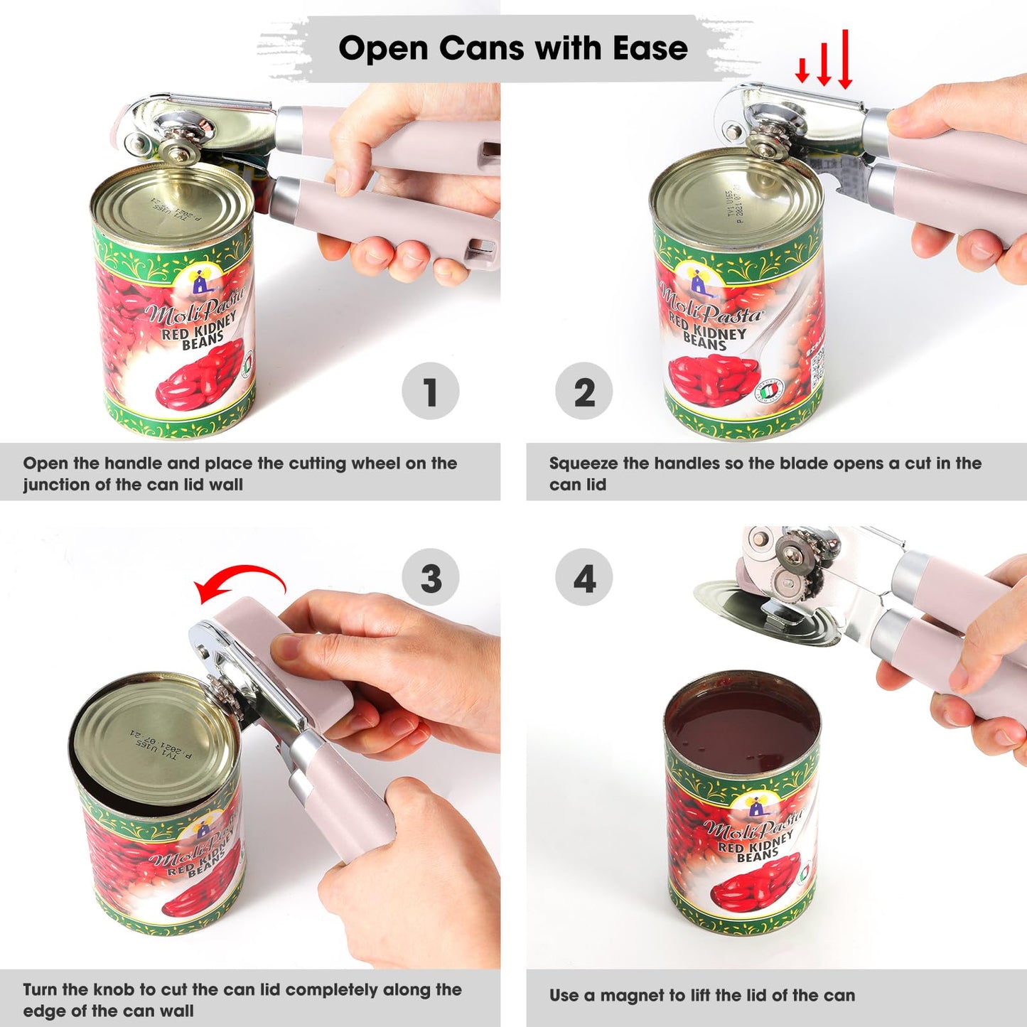 Can Opener Manual, Can Opener with Magnet, Hand Can Opener with Sharp Blade Smooth Edge, Handheld Can Openers with Big Effort-Saving Knob, Can Opener with Multifunctional Bottles Opener, Light Pink