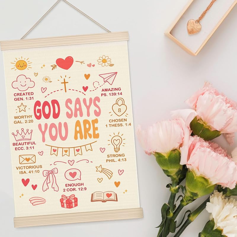 Pink 11x17 Christian Girls Wall Art Banner - God Says You Are Scripture, Oxford Cloth