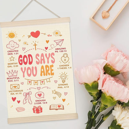 Pink 11x17 Christian Girls Wall Art Banner - God Says You Are Scripture, Oxford Cloth