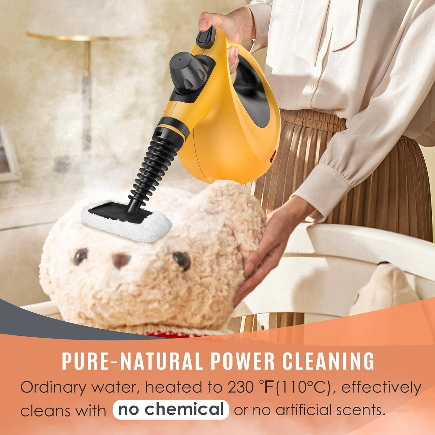 Pressurized Handheld Multi-Surface Natural Steam Cleaner with 12 pcs Accessories, Multi-Purpose Steamer for Home Use, Steamer for Cleaning Floor, Upholstery, Grout and Car (Grey) (Orange)