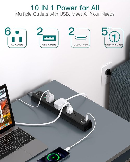 Addtam Surge Protector Power Strip - 6 AC Outlets & 4 USB Ports (2 USB-C) | 1875W Flat Plug for Home & Office