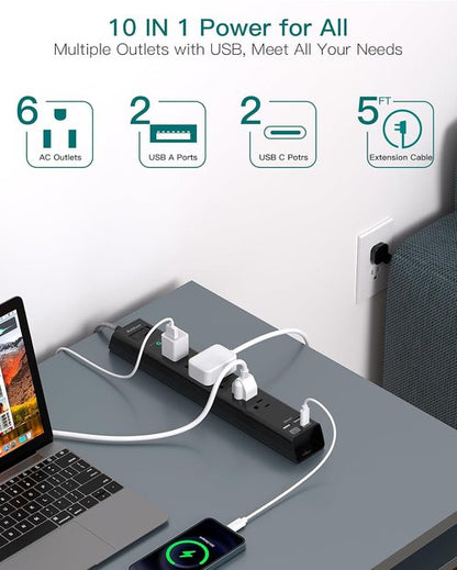 Addtam Surge Protector Power Strip - 6 AC Outlets & 4 USB Ports (2 USB-C) | 1875W Flat Plug for Home & Office